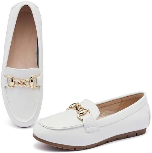 ABEJOJO Damen Loafer Schuhe, Bequeme Slip auf Casual Flat Mocassin Penny Schuhe zum Wandern, Fahren, Dressy (White PU 39.5)