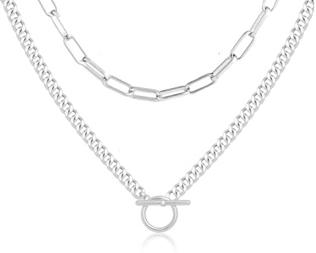 RIXERKOC Gold Layered Halsketten für Damen, 14K Dainty Gold/Silber gestapelt Kette Cuban Link Büroklammer Kette Toggle Clasp Halskette Mode Chunky Schmuck für Frauen Männer