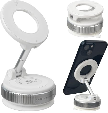 AMATHINGS K007 Magnetischer Smarthophehalter in Weiß für Auto, KFZ, Küche Bad, Dusche, Fitnessstudio, Social Media mit 360° Drehbar mit Saugnapf passend für iPhone 16, 15, 14, 13, 12, 11 Pro Max