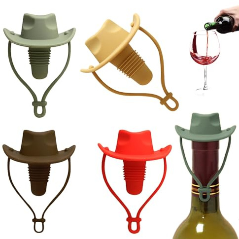 4-Pack Wine Stopper Cowboy,Cowboy Hat Wine Stoppers,Fun Silicone Bottle Stoppers, Champagne Bottle Cowboy Hat, Funny Top Hats Shaped Leak-Proof Sealing Stopper for Wine, Brandy, Beer, Keep Wine Fresh
