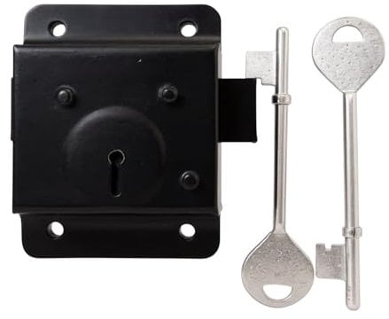 Surface-Mount Rim Lock, 76mm 3, Black Metal with 2 Keys for Garden Sheds and Wooden Gates