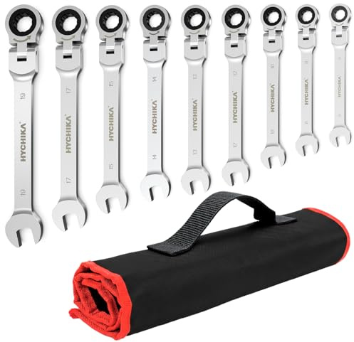 HYCHIKA Llaves Fijas Con Carraca 6-19mm, 9pcs Llave De Carraca Con Bolsa Enrollable, Llaves Combinadas Juego De Llaves, Adecuado Para ReparacióN De AutomóViles, Mantenimiento Industrial