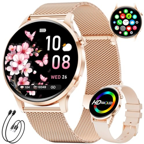 SUNKTA Women's Smart Watch 7.9 mm Ultra-thin 1.32 AMOLED Bluetooth Phone Call Elegant Ladies Smartwatch for Android iOS Rose Gold Mesh,Heart/Sleep Monitor,Menstrual Cycle,100+ Sport Mode,2 Charger