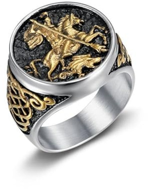 BCJMKDX Ringe, Aufwendig gestalteter Ring mit St. Georgs-Motiv, der den Drachen tötet, im epischen und mythischen Knotenstil, aus Titanstahl, exquisit.(Silver+Gold,S)