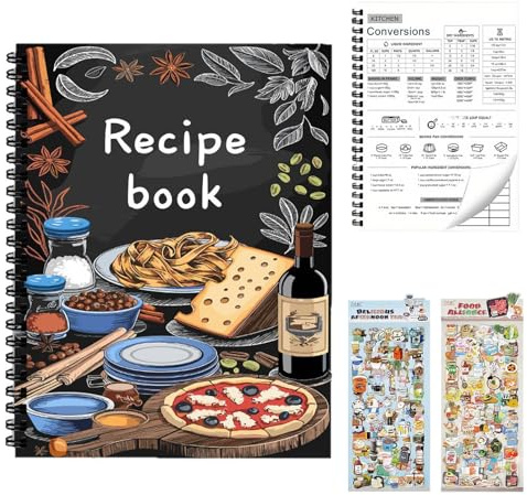 HSYTEK Rezeptbuch zum Selberschreiben, A5 Kochbuch Selbst Schreiben, 100 Seiten Spiralbindung Blanko Kochbuch, DIY Rezeptbuch mit 8 Aufkleber, Backbuch für Verschenken an Kochliebhaber, Kücheng