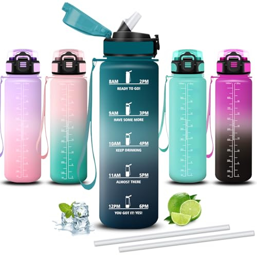 Mujigaga Borraccia 1 litro, Borraccia con Cannuccia, Senza Perdite, Borraccie Motivazionale, Facile da Pulire, Borraccie con Orari per Bere, Con Slogan Motivazionale, per Fitness, Picnic, Lavoro