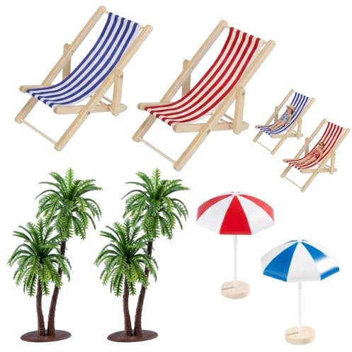 6 Stück Miniatur Strand Deko, kleines Dekorations-Set mit Mini Liegestuhl Deko, dekorativer Mini Sonnenschirm, vielseitige Miniatur Deko, charmante Strand-Mikrolandschaft für Innenräume
