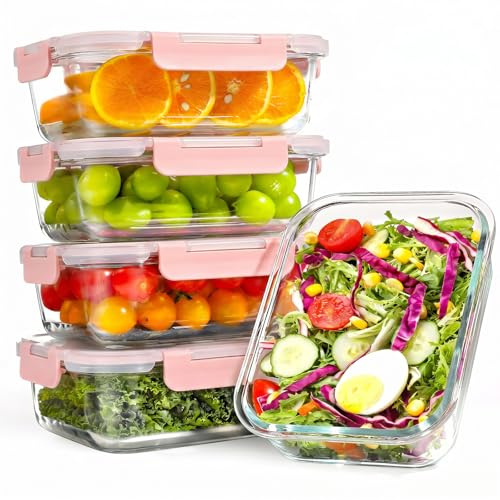 YASHE 5 Teile Glasbehälter mit Deckel, 1040ml Stapelbar & Luftdicht Meal Prep Boxen Glas für Spülmaschine, Mikrowelle & Gefrierschrank, Auslaufsicher, BPA-Frei, Rosa