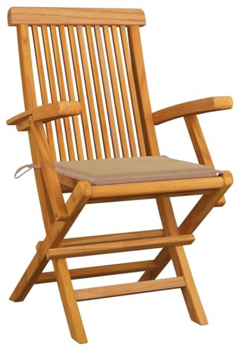Generico Set 4 Sedie da Giardino in Legno Massello di Teak con Braccioli e 5 Cuscini Beige, Pieghevoli per Esterno Terrazza Patio, 55x60x89 cm