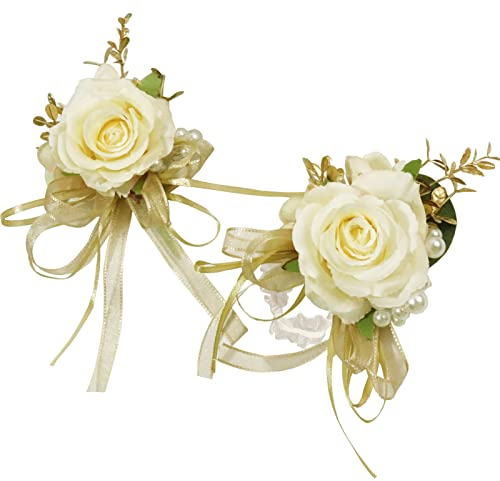 Yokoke Corsage und Boutonniere Set, handgefertigte künstliche Pfingstrose, Rose, Handgelenk, Ansteckblume und Bräutigam, für Herren, Hochzeit, Abschlussball, Anzug, Creme, Gold