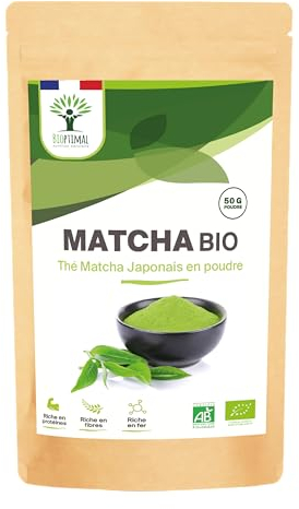 Matcha Thé Bio en Poudre - Puissant Antioxydant - Japonais de Qualité Prémium - Colorant Alimentaire Vert - Cuisine et Infusion - Produit au Japon Conditionné en France - Certifié Ecocert - 50g