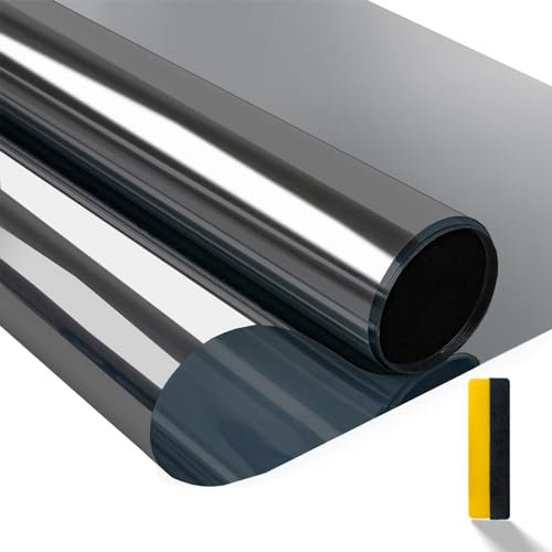 Zindoo Vinilos para Ventanas Efecto Espejo Cristal Unidireccional Protector de Privacidad Anti 99% UV Película de Aislamiento Adecuada para Hogar, Oficina Negro Plata 75 x 200cm
