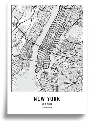 2 x Mapas de la ciudad A2 Negro Blanco | 250 gramos de papel | Imágenes para salón y dormitorio | Muy muchos motivos urbanos | Idea de regalo ideal | Sin marco | Póster New York y Los Ángeles