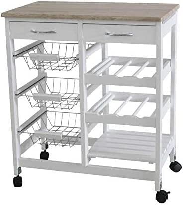FEFE® Kitchen Trolley MDF Top White Island Dining Cart Worktop Basket Storage Lockable Wheels Rolling Kitchen Portable Island Kitchen Trolley with Drawers and Open Shelf, White