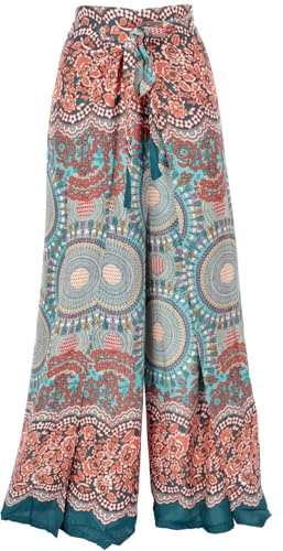 GURU SHOP Palazzohose, Wickelhose, Boho Sommerrock, smaragdgrün/bunt | Weit geschnitten, 100% Viskose, seitlich offene Hosenbeine, locker fallend, ideal für den Sommer.