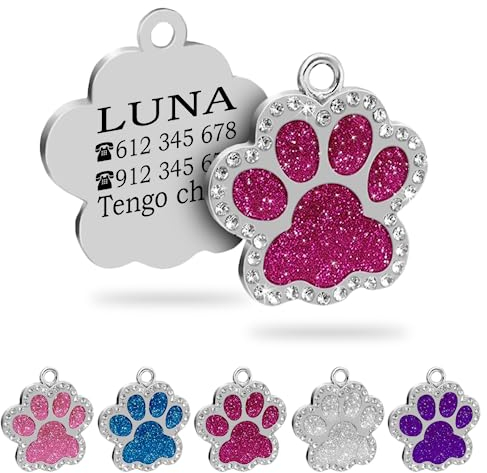 Ibera Gifts - Chapa Perro Grabada en Forma de Pata con Perdería y Purpurina, Placa Perro Personalizada para Perros y Gatos Pequeños y Medianos, Chapa Identificativa Perro y Gato (Fucsia)