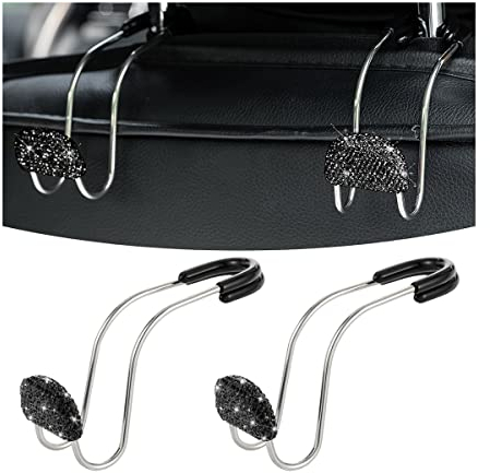 JNNJ 2 Pièces Crochets De Voiture Bling, Multifonctionnel Bling Acier Inoxydable Crochet De Siège Auto Universel, Pour Organisateur Siège Arrière Voiture Pour Crochet Support Sac à Main(Noir)