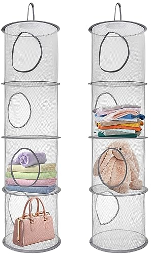 2Pcs Hanging Toy Storage Net, 4-Tier Hanging Storage Mesh, Foldable Soft Toy Net, Teddy Bear Baskets, Space Saving Hang Organiser for Teddy Bear Toys Clothes Organise (Gray)