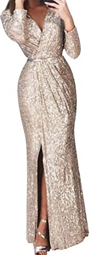 BOTCAM Abito da donna con paillette, lungo, elegante, sexy, con scollo a V, a maniche lunghe, altezza e spacco, con cintura, da donna, con brillantini, per feste, cocktail, lunghezza alla caviglia,