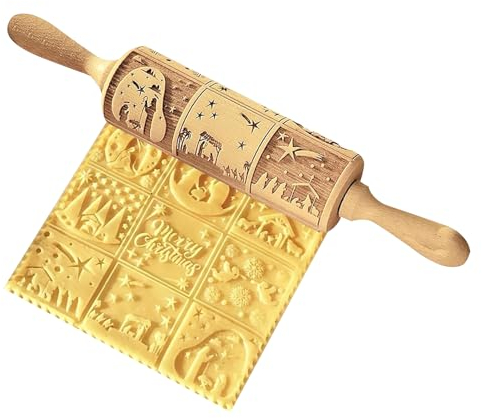 Nudelholz mit Muster, Teigroller mit Muster Weihnachten, 3D Holz Präge Teigroller, Präge Nudelholz Weihnachten, Nudelholz Kinder, Backen Zubehör, für Kuchen, Keksen, Fondant, Gebäck