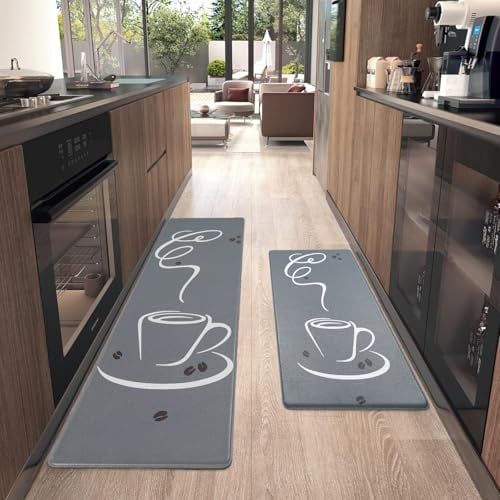 Alishomtll PVC Küchenteppich Läufer 2 Stück, Küchenläufer rutschfest Wasserdicht, 10mm Anti-Müdigkeit Küchenmatte, Waschbar Ölbeständig Weich Teppich für Küche Esszimmer Flur 44x75+44x150cm, Grau