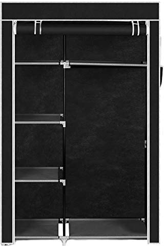 Bonnlo Kleiderschrank, Stoffschrank mit Kleiderstange und Ablagen Stabil, Stoffkleiderschrank für Schlafzimmer, 104,5 x 45,5 x 158 cm, viel Stauraum, Faltbar, Schwarz
