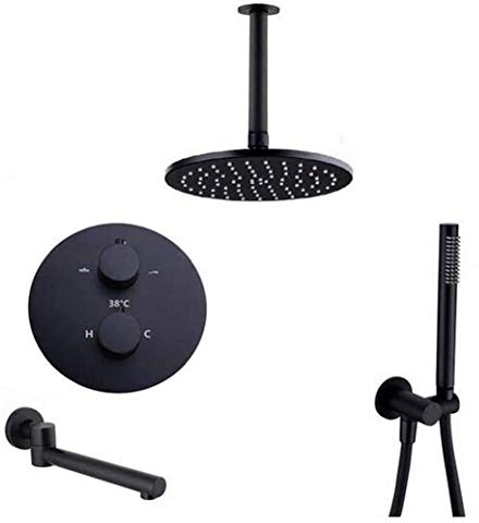Klassische Dusche, thermostatische, an der Decke montierte Badezimmerdusche aus schwarzem Messing mit rundem 8-12-Zoll-Regenduschkopf, Handbrause und Badewannenhahn, luxuriöses Duschset, 10 Zoll (10