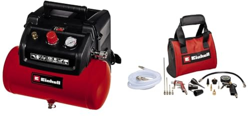 Einhell Kompressor TC-AC 190/6/8 (1,2 kW, max. 8 bar, 190 L/min Ansaugleistung, 6 Liter Tank, ölfreie Pumpe, Manometer, Schnellkupplung, inkl. 15-tlg. Druckluftset mit Tasche)
