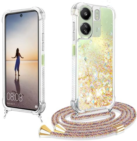 Coque pour Xiaomi Redmi 13C 4G avec Cordon, Coque Glitter pour Redmi 13C 4G avec Collier Housse Ultra Fine TPU Original Transparent Silicone Téléphone Portable Redmi 13C 4G Coque Bling Antichoc Case