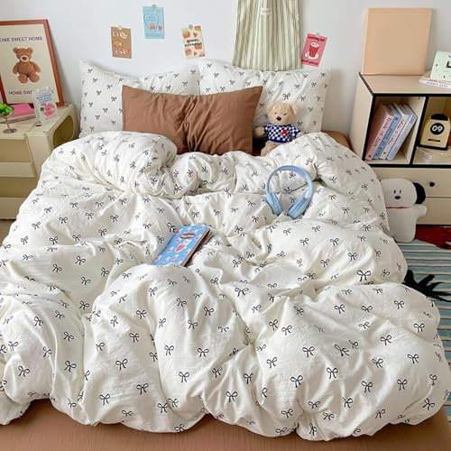 Covebett Bettwäsche 155x220 Mädchen Weiß mit Schwarz Schleifen Kinder Bettbezug 2teilig Aesthetic Kawaii Weich Renforcé Microfaser Einzelbett Deckenbezug Reißverschluss und Kissenbezug 80x80cm