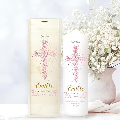 Wandtattoo Loft Taufkerze Mädchen mit Taufspruch, Motiv Heiliges Kreuz aus rosa Blättern, 25cm x 7cm, personalisierte Kerze, bedruckte rosa Kerze Taufe, Stumpenkerze, individuelles Taufgeschenk