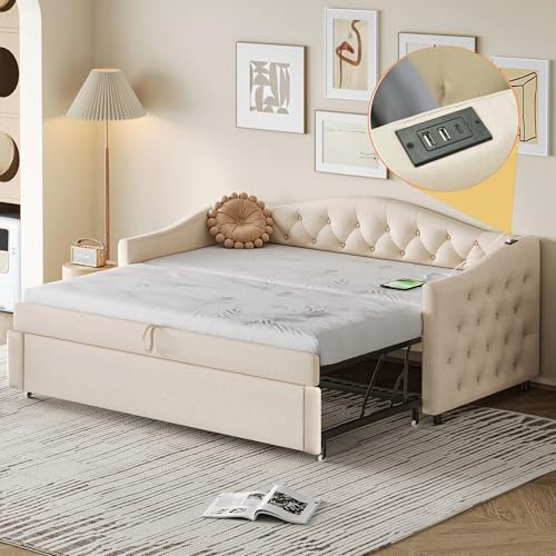 Lahoomu Polsterbett Ausziehbares Schlafsofa,90/180*200cm, Mit USB-Anschluss, Klassische Form mit Knöpfen mit Lattenrost, Multifunktionsbett - Gästebett, Leinenstoff, Beige (Matratze Nicht enthalten)
