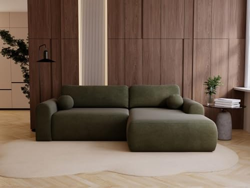 GRAINGOLD Savana L 257x177 cm, L-Form Sofa, Schlafcouch für Wohnzimmer, Velours-Stoff, 3-Sitzer Eckcouch, Ecksofa mit Bettkasten (Grün, Rechts)