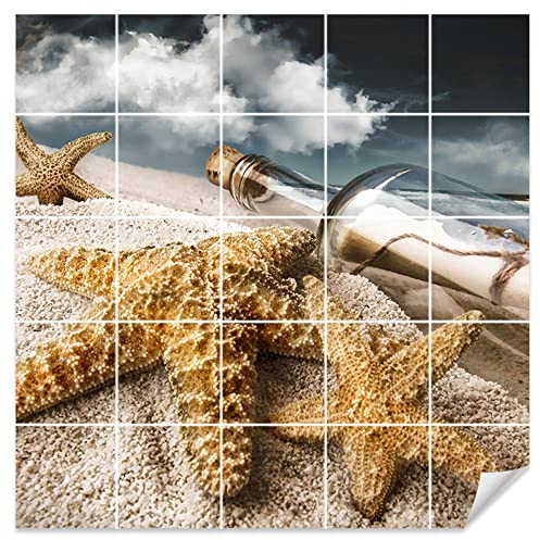GRAZDesign Fliesenaufkleber Bad Wandfliesen selbstklebend, Strand & Seestern Klebefliesen - Bild: 70x70cm (BxH)