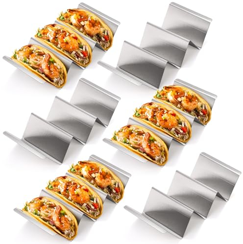 Bekith 6 Stück Taco-Halter aus Edelstahl, Taco Ständer mit Griffen, Breite Taco Ständer aus Edelstahl, Tortilla Halter für Tacos Sandwiches Würste behalter