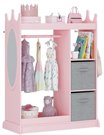 UTEX Kids Armoire Kleiderschrank mit Spiegel und Aufbewahrungsbehälter, Rosa, 84,8 x 40 x 113 cm (B x T x H)