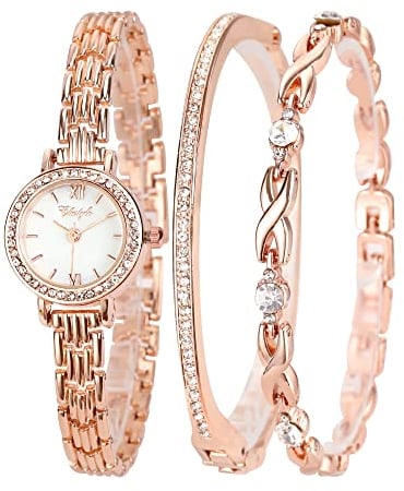 Clastyle Rose Gold Watch and Bracelet Set for Women - Elegant Diamond Ladies Watches with 2 Bangles - Jewellry Wrist Watch for Women with Rhinestone
