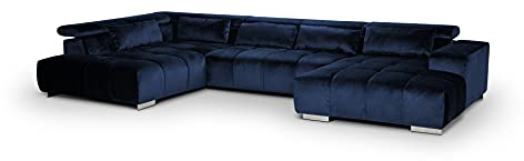 Mivano Wohnlandschaft Orion / Riesige Sofalandschaft in U-Form inkl. XL-Recamiere und Kopfteilfunktion / 409 x 73 x 225 / Velours, Blau