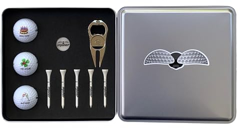 Emainer Golf Geschenk Set, mit hcp personalisierbare Golfbälle, Pitchgabel, Ball-Marker, Bambus Tees, in edler Metallbox inklusive Stift (Geburtstag)