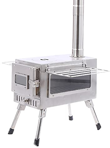Réchaud pour tente de camping, grand poêle à bois pour tente en acier inoxydable, poêle à bois extérieur pour camping, randonnée, voyage, pique-nique (comprend un tuyau de cheminée)