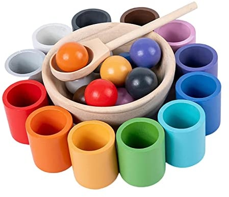 Colcolo Rainbow Balls in Cups Montessori Toy Wooden Sorter Game 12 Balls Age 1+ Color Sorting and Counting Preschool Learning Education