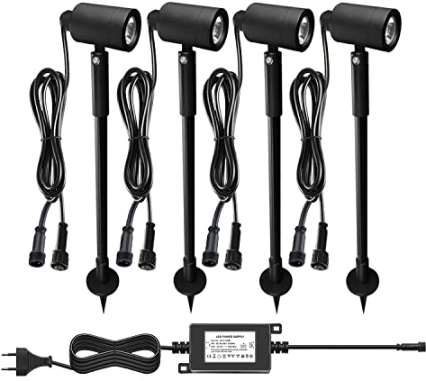 CHNXU 4er Set LED Gartenbeleuchtung 3W Gartenleuchte IP67 Wasserdicht Blau 180LM Höhenverstellbar Gartenlampe Gartenstrahler mit 12V Netzteil für Außen Baum, Wiese, Garten, Rasen, Hof