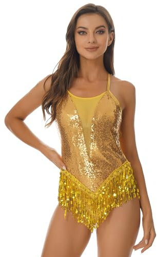 Runhomal Damen Pailletten Tanzbody Ballett Trikot mit Quaste Gymnastik Leotard Rückenfrei Spaghettiträger Gymnastikanzug Turnanzug Gold S