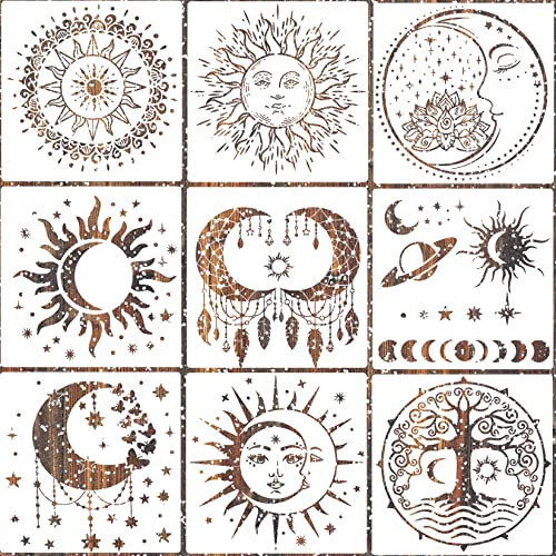9 Stück große Mandala Sonne und Mond Schablone Schmetterling Blume Baum Farbe Schablonen für Basteln Wiederverwendbare Vorlagen Stern Schablonen zum Malen von Holz Wand Möbel Home Decor (Sun Moon)