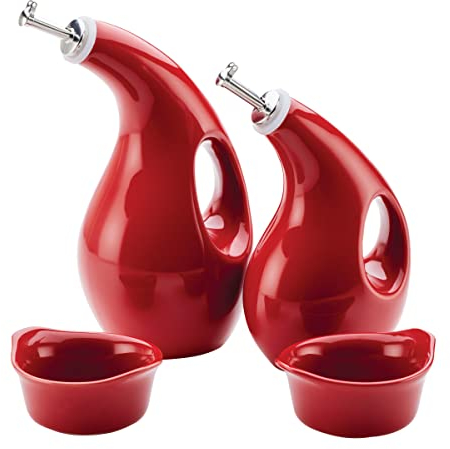 Rachael Ray Serveware Ceramics EVOO and Ramekin Dipper Set, 4 Piece, Red