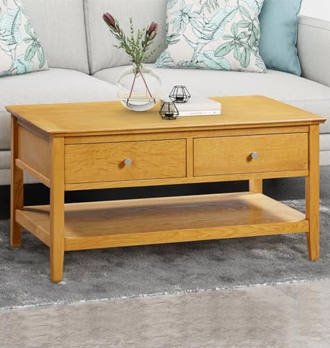 Hallowood Furniture Hereford Oak Large Coffee Table with Storage Drawers & Shelf, Light Oak Solid Wooden Side Table, Rectangular Coffee Table with Storage for Living Room & Office