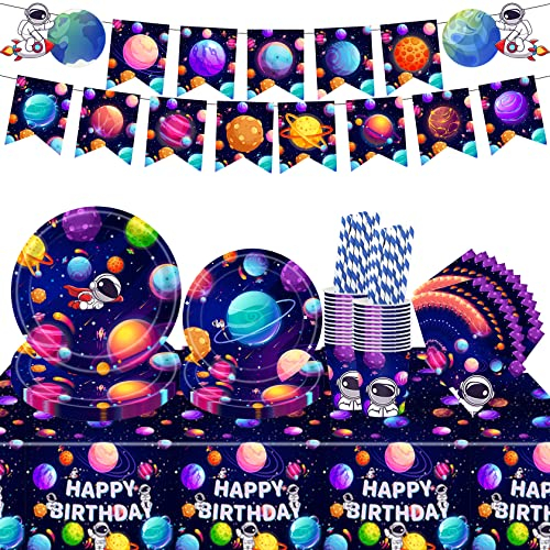 Yosemy Geburtstag Partygeschirr Set Weltraum Astronaut für 25 Gästen 127 Stück Papierteller Papierbecher Papiertrinkhalme Servietten Geburtstag Deko für Kindergeburtstag Jungen/Mädchen
