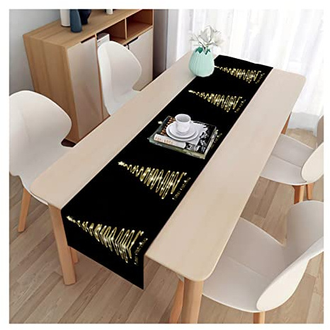 KnBoB Leinen Schwarz Gold Weihnachten Motiv Tischläufer für Hochzeit Festlich Tischdekoration Esstisch Party 33 x 180 cm