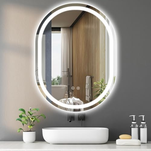 SaniteModar Miroir Lumineux Salle de Bain Ovale 50 x 70 cm, Anti-buée, Lumières Tricolores, Interrupteur Tactile