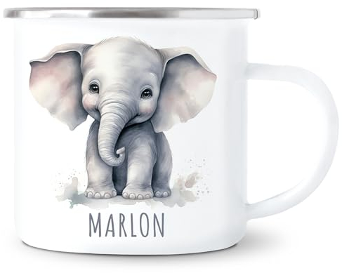 Elefant Emaille Tasse Kinder Trinkbecher personalisierte Kindertasse mit Namen süßer Kinderbecher für Mädchen & Jungen Geschenk Emaille Becher 300 ml